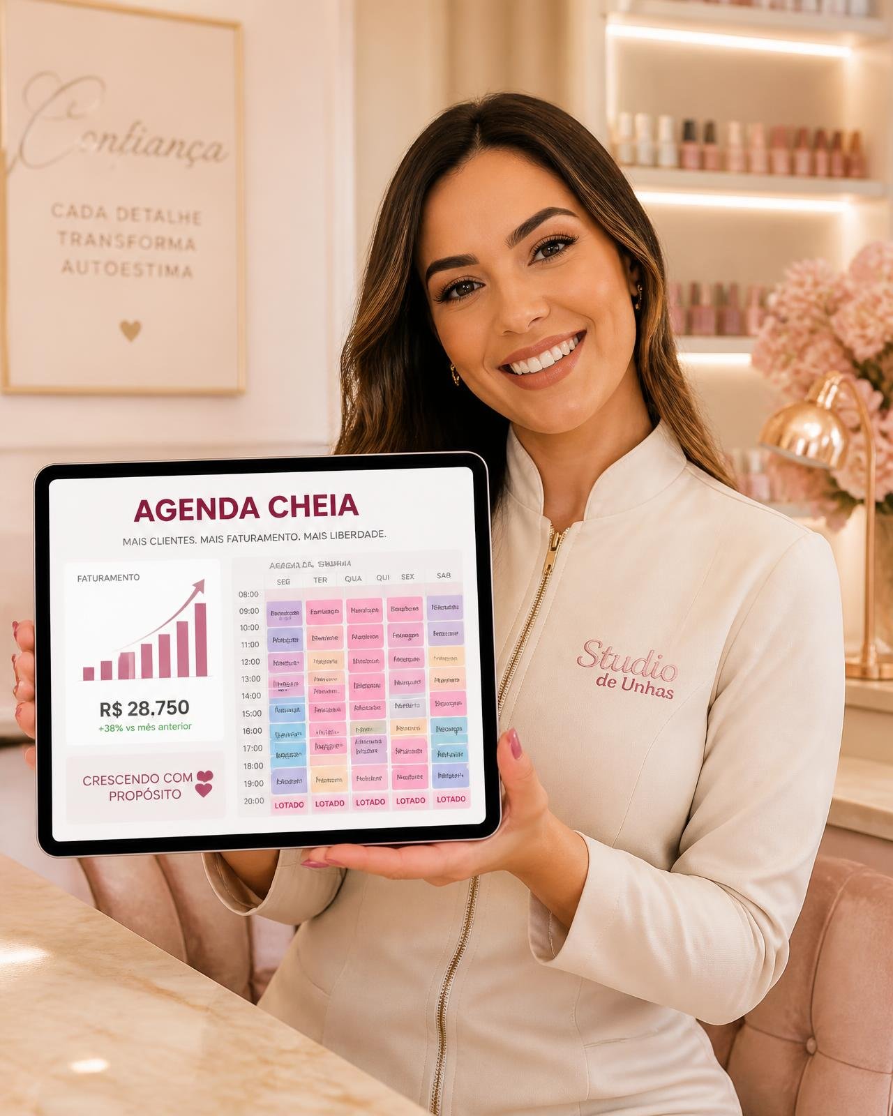 Manicure acompanhando sua agenda de atendimentos organizada no tablet
